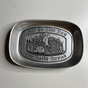 Vintage Wilton Metal Bread Tray Small Silver Our Daily Bread Religious Prayer